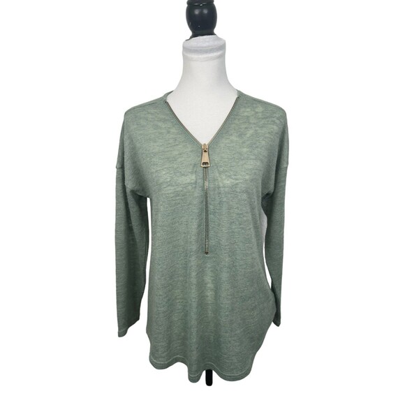 Soft Surroundings Knit Top Size M Green 1/4 Zip Pullover Shiny Long Sleeves - Picture 1 of 10